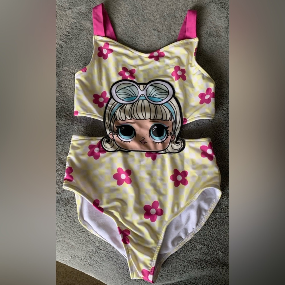 LOL Surprise Girls One Piece Swimsuit 7/8 Yellow Pink Floral Cut-Out Doll